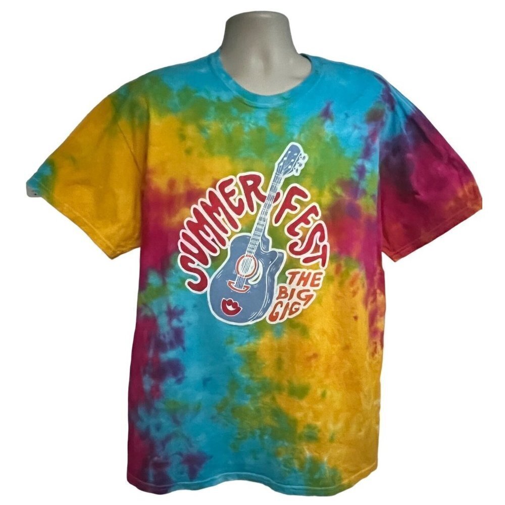 Mens Blue Tie Dye Graphic T-Shirt Hippie XL Summer Music Festival Cotton Unisex